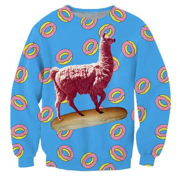foute trui met lama op een baguette en donuts op de achtergrond