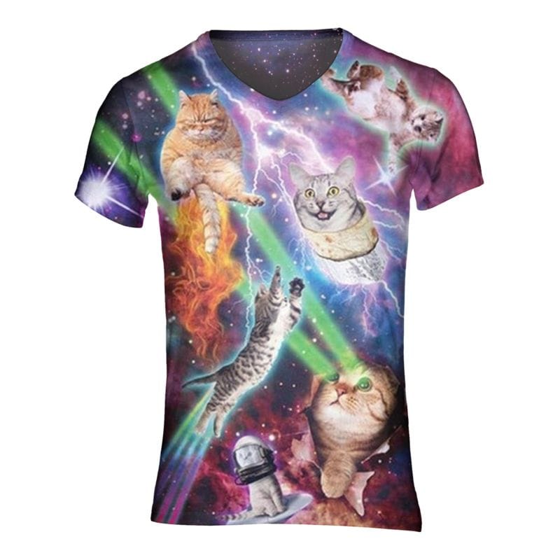 fout kattenshirt met katten die lazers uit de ogen schieten en vuur uit de kont hebben
