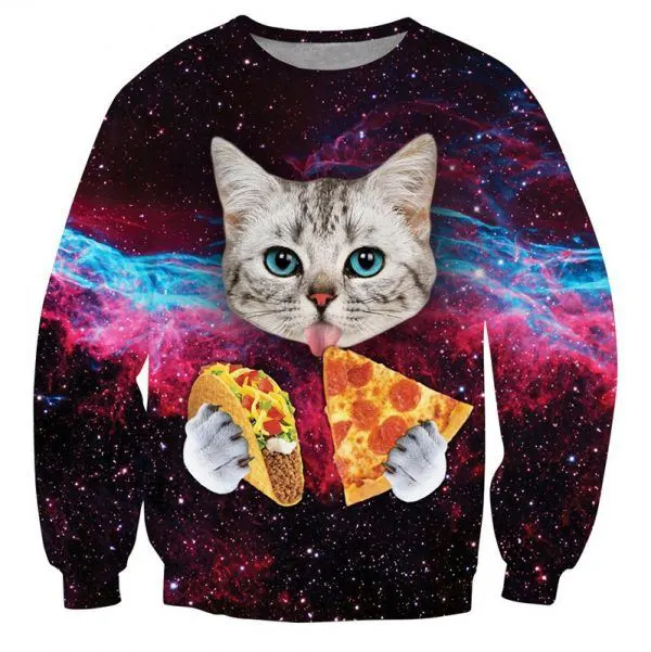 foute trui met galaxy achtergrond en een kat die een taco en een pizza punt eet van superfout