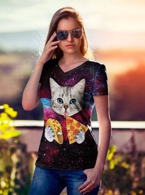 Festivalshirt voor vrouwen in vhals met taco pizza kat