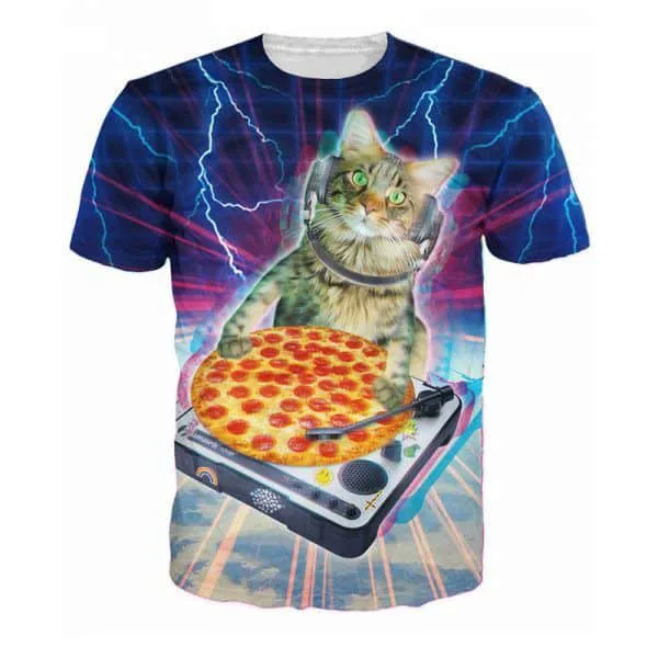 Festivalshirt van Superfout - fout t-shirt - festival outfit - rave kleding - techno outfit - kleding voor fout feest shirt - kat die dj speelt op een pizza
