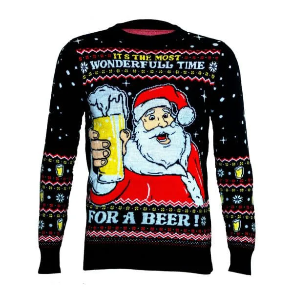 Gebreide kersttrui met een kerstman die een biertje omhoog houdt