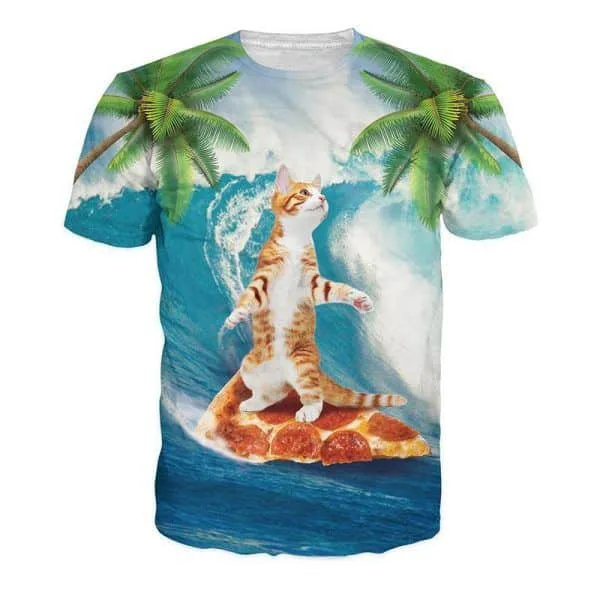 Festivalshirt van Superfout - fout t-shirt - festival outfit - rave kleding - techno outfit - kleding voor fout feest shirt - kat die op een pizzapunt surft